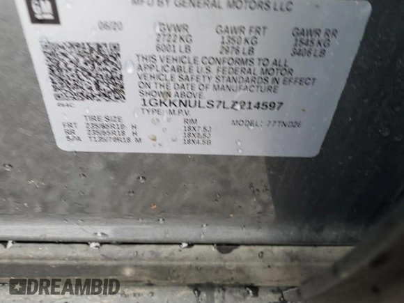 2020 GMC Acadia SLT z VIN 1GKKNULS7LZ214597, wystawiony jako Copart lot #48847685 z przebiegiem 63 826 mil mil oraz Szkoda całkowita • Salvage title. Historia ofert i sprzedaży dostępna na DreamBid. Obrazek 12.