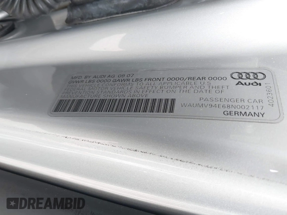 2008 Audi A8 L 4.2L with VIN WAUMV94E68N002117, listed as a IAAI auction lot 41992209 with 113,951 mi miles. Bid and sale history available at carsss.com. Image 9.
