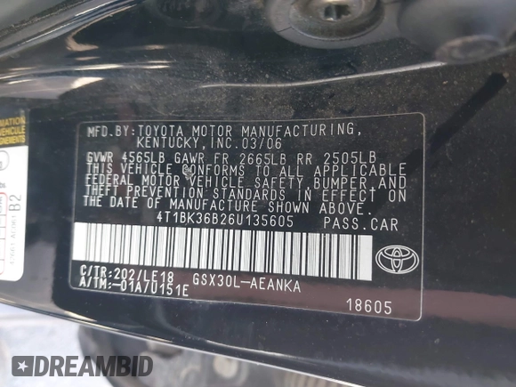 2006 Toyota Avalon XL with VIN 4T1BK36B26U135605, listed as a IAAI auction lot 41619710 with 331,815 mi miles. Bid and sale history available at carsss.com. Image 9.