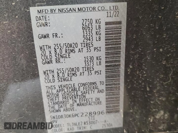 2023 Nissan Pathfinder Platinum с VIN 5N1DR3DK6PC228996, выставлен на аукционе Copart как лот 58937335 с пробегом 24 356 миль миль и Списание • Salvage title. История ставок и продаж доступна на DreamBid. Изображение 14.