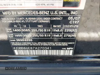 2007 Mercedes-Benz M 350 with VIN 4JGBB86E87A270341, listed as a IAAI auction lot 42148000 with 171,899 mi miles and . Bid and sale history available at DreamBid. Image 9.