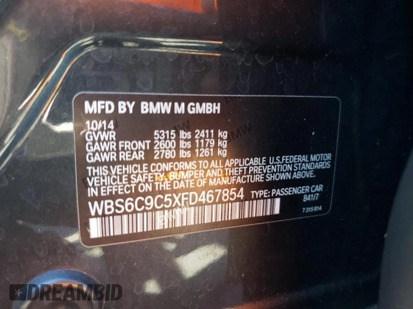 2015 BMW M6 z VIN WBS6C9C5XFD467854, wystawiony jako Copart lot #78871744 z przebiegiem 55 789 mil mil oraz Szkody całkowita. Historia ofert i sprzedaży dostępna na DreamBid. Obrazek 13.
