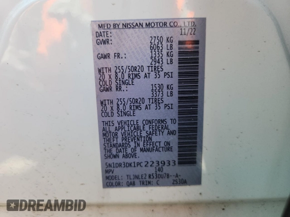 2023 Nissan Pathfinder Platinum z VIN 5N1DR3DK1PC223933, wystawiony jako Copart lot #59137525 z przebiegiem 21 193 mil mil oraz Szkoda całkowita • Salvage title. Historia ofert i sprzedaży dostępna na DreamBid. Obrazek 13.