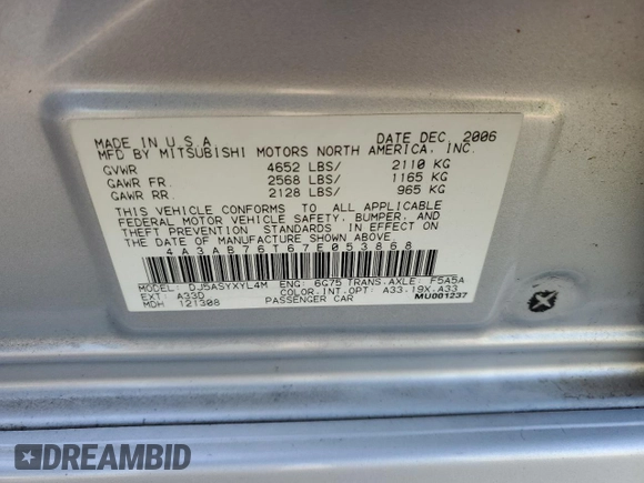 2007 Mitsubishi Galant Ralliart z VIN 4A3AB76T67E053868, wystawiony jako Copart lot #82793264 z przebiegiem 159 001 mil mil oraz Szkoda całkowita • Salvage title. Historia ofert i sprzedaży dostępna na DreamBid. Obrazek 12.