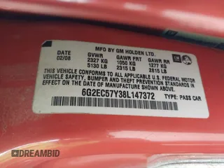 2008 Pontiac G8 GT with VIN 6G2EC57Y38L147372, listed as a IAAI auction lot 41595765 with 140,792 mi miles. Bid and sale history available at carsss.com. Image 9.