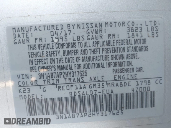 2017 Nissan Sentra S with VIN 3N1AB7AP2HY317625, listed as a IAAI auction lot 42204408 with 133,241 mi miles and . Bid and sale history available at DreamBid. Image 9.
