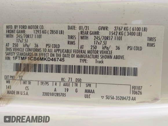 2021 Ford F-150 XL with VIN 1FTMF1CB6MKD46745, listed as a IAAI auction lot 42376132 with 126,188 mi miles and . Bid and sale history available at DreamBid. Image 9.