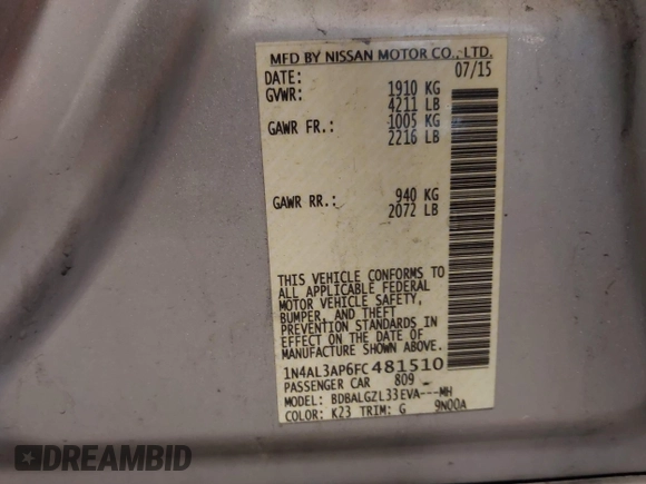 2015 Nissan Altima SL with VIN 1N4AL3AP6FC481510, listed as a IAAI auction lot 42258944 with 184,209 mi miles and . Bid and sale history available at DreamBid. Image 9.