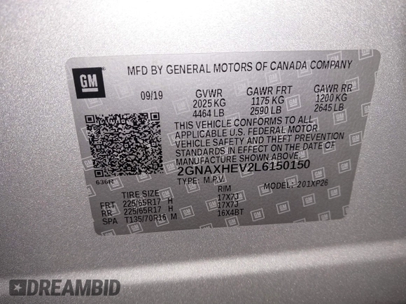 2020 Chevrolet Equinox LS with VIN 2GNAXHEV2L6150150, listed as a IAAI auction lot 41644602 with 100,140 mi miles and . Bid and sale history available at DreamBid. Image 9.