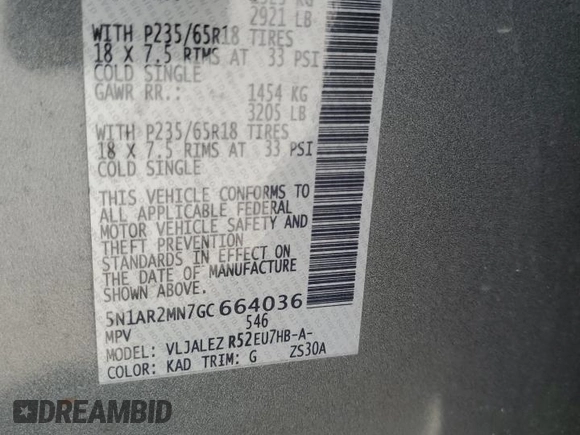 2016 Nissan Pathfinder Platinum with VIN 5N1AR2MN7GC664036, listed as a Copart auction lot 61805215 with 110,409 mi miles and Clean title. Bid and sale history available at DreamBid. Image 12.