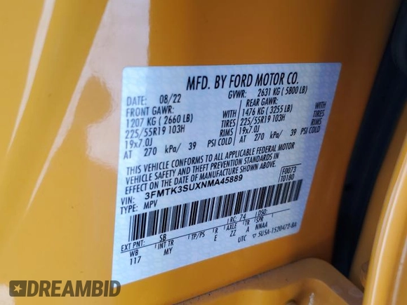 2022 Ford Mustang Mach-E Premium with VIN 3FMTK3SUXNMA45889, listed as a Copart auction lot 57605965 with 23,841 mi miles and Salvage title. Bid and sale history available at DreamBid. Image 12.