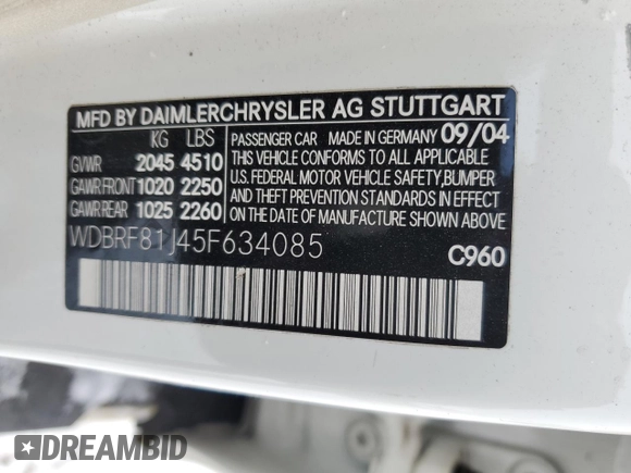 2005 Mercedes-Benz C 240 with VIN WDBRF81J45F634085, listed as a Copart auction lot 46106315 with 155,017 mi miles and Salvage Title. Bid and sale history available at DreamBid. Image 12.
