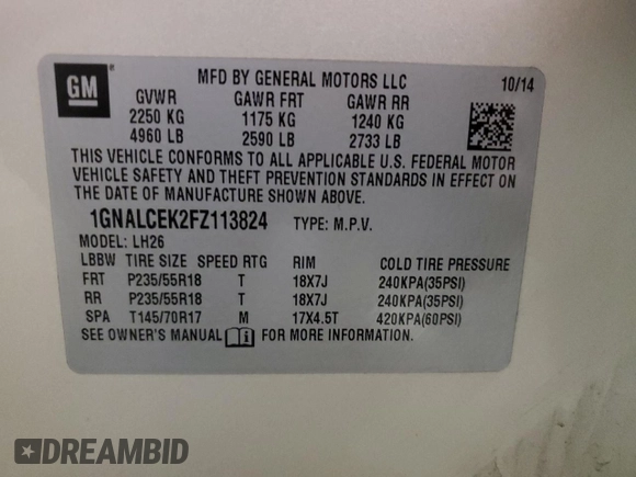 2015 Chevrolet Equinox LT with VIN 1GNALCEK2FZ113824, listed as a Copart auction lot 47945265 with 147,750 mi miles and Salvage Title. Bid and sale history available at carsss.com. Image 14.