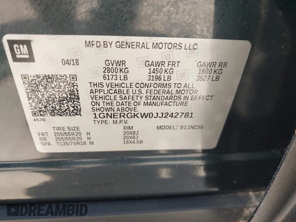 2018 Chevrolet Traverse LT Cloth z VIN 1GNERGKW0JJ242781, wystawiony jako IAAI lot #42458318 z przebiegiem 16 177 mil mil oraz . Historia ofert i sprzedaży dostępna na DreamBid. Obrazek 9.