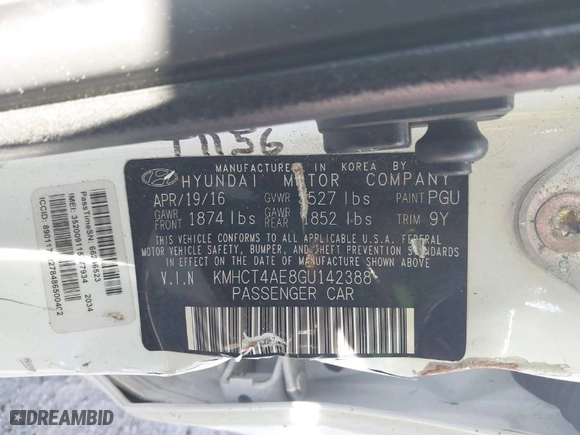2016 Hyundai Accent SE with VIN KMHCT4AE8GU142388, listed as a IAAI auction lot 41222670 with NaN miles. Bid and sale history available at carsss.com. Image 9.