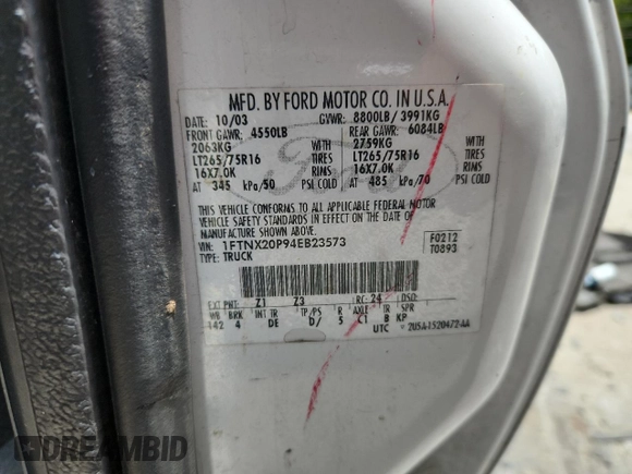 2004 Ford F-250 XL with VIN 1FTNX20P94EB23573, listed as a Copart auction lot 62723675 with Not provided miles and Salvage title. Bid and sale history available at DreamBid. Image 12.