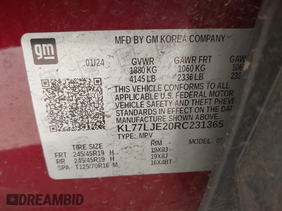 2024 Chevrolet Trax 2RS with VIN KL77LJE20RC231365, listed as a IAAI auction lot 41959654 with Not Provided miles and . Bid and sale history available at DreamBid. Image 9.