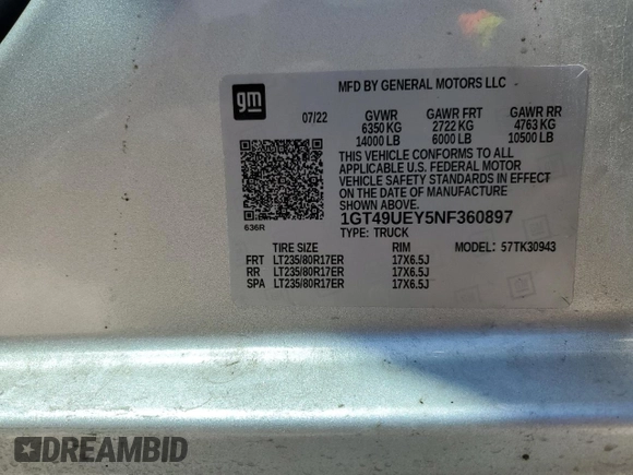 2022 GMC Sierra 3500HD SLT z VIN 1GT49UEY5NF360897, wystawiony jako Copart lot #47723514 z przebiegiem 8272 mil mil oraz Szkody całkowita. Historia ofert i sprzedaży dostępna na DreamBid. Obrazek 10.