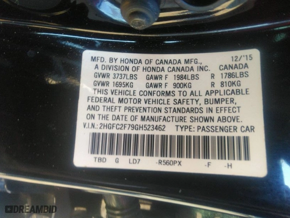 2016 Honda Civic Sedan EX with VIN 2HGFC2F79GH523462, listed as a IAAI auction lot 41245458 with 114,892 mi miles. Bid and sale history available at carsss.com. Image 9.