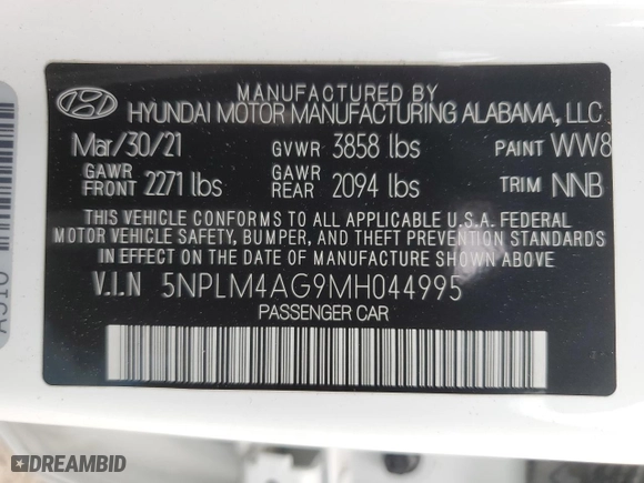 2021 Hyundai Elantra SEL with VIN 5NPLM4AG9MH044995, listed as a Copart auction lot 50338935 with 57,775 mi miles and Salvage Title. Bid and sale history available at carsss.com. Image 12.