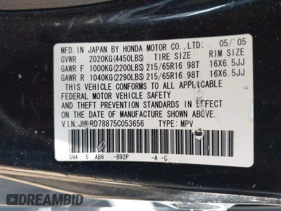 2005 Honda CR-V EX with VIN JHLRD78875C053656, listed as a IAAI auction lot 42117380 with 183,252 mi miles. Bid and sale history available at carsss.com. Image 9.