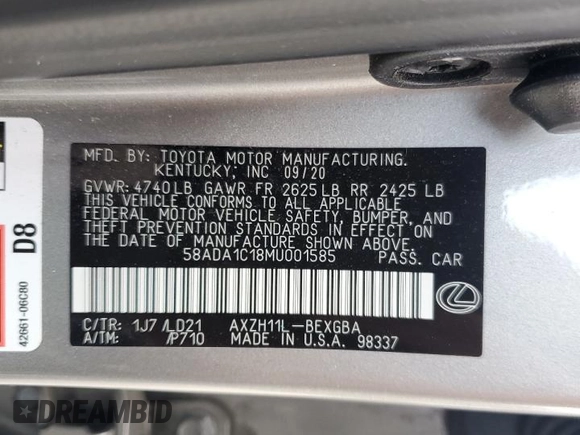 2021 Lexus ES with VIN 58ADA1C18MU001585, listed as a Copart auction lot 54267715 with 84,756 mi miles and Salvage Title. Bid and sale history available at carsss.com. Image 13.
