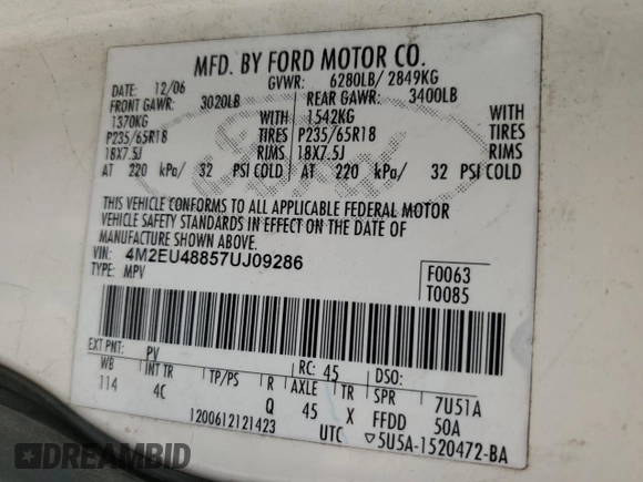 2007 Mercury Mountaineer Premier with VIN 4M2EU48857UJ09286, listed as a Copart auction lot 53472055 with 256,122 mi miles and Salvage title. Bid and sale history available at DreamBid. Image 14.