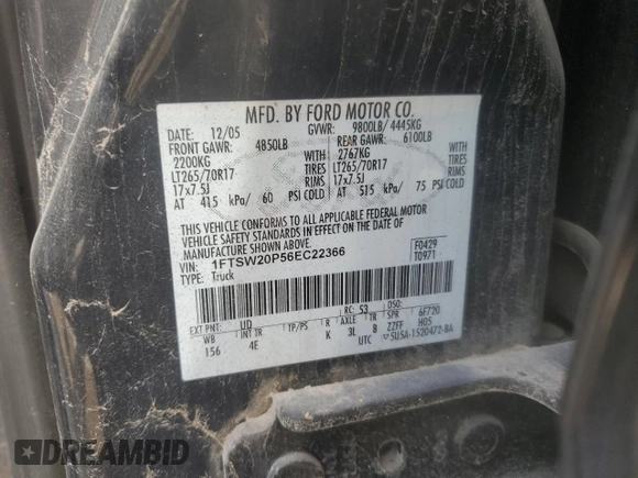 2006 Ford F-250 XL with VIN 1FTSW20P56EC22366, listed as a Copart auction lot 58015465 with 303,484 mi miles and Clean title. Bid and sale history available at DreamBid. Image 12.