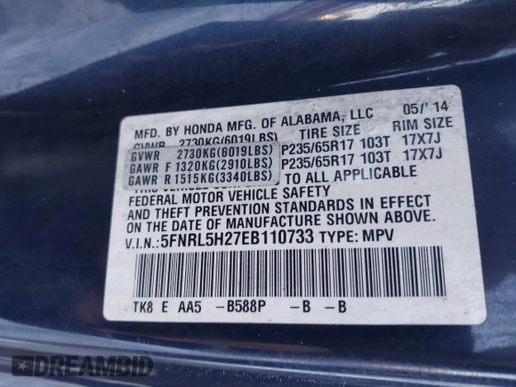2014 Honda Odyssey LX with VIN 5FNRL5H27EB110733, listed as a IAAI auction lot 41551965 with 1 mi miles. Bid and sale history available at carsss.com. Image 9.