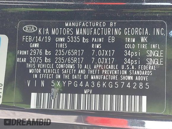 2019 Kia Sorento L with VIN 5XYPG4A36KG574285, listed as a IAAI auction lot 41647367 with 74,808 mi miles. Bid and sale history available at carsss.com. Image 9.
