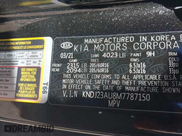 2021 Kia Soul LX with VIN KNDJ23AU8M7787150, listed as a IAAI auction lot 41234668 with 20,841 mi miles. Bid and sale history available at carsss.com. Image 9.