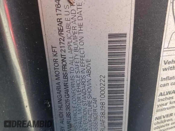 2008 Audi TT 2.0T z VIN TRUAF38J981000222, wystawiony jako Copart lot #78010004 z przebiegiem Nie podano mil oraz Szkoda całkowita • Salvage title. Historia ofert i sprzedaży dostępna na DreamBid. Obrazek 13.