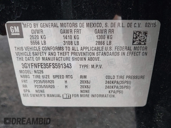 2015 Cadillac SRX Performance Collection with VIN 3GYFNFE35FS591343, listed as a IAAI auction lot 42644949 with 118,718 mi miles and . Bid and sale history available at DreamBid. Image 9.
