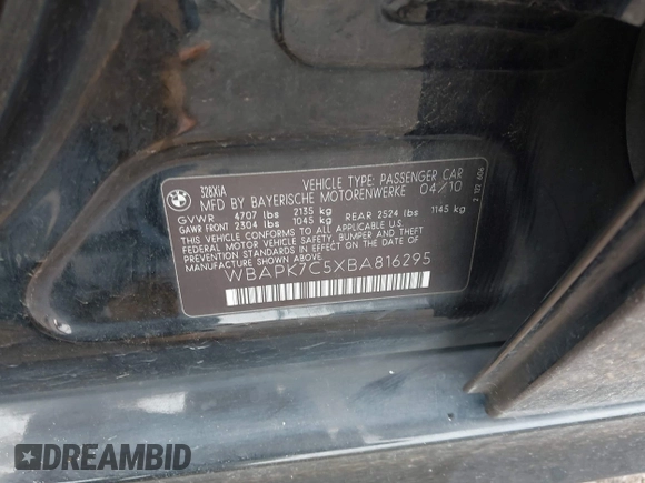 2011 BMW 3 Series 328i xDrive with VIN WBAPK7C5XBA816295, listed as a IAAI auction lot 42486107 with 109,642 mi miles and . Bid and sale history available at DreamBid. Image 9.