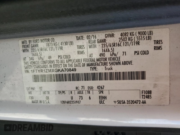 2016 Ford Transit Cargo z VIN 1FTYR1ZMXGKA70849, wystawiony jako Copart lot #50948045 z przebiegiem 93 945 mil mil oraz Szkoda całkowita • Salvage title. Historia ofert i sprzedaży dostępna na DreamBid. Obrazek 14.