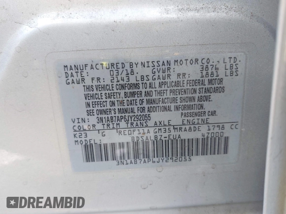 2018 Nissan Sentra S with VIN 3N1AB7AP6JY292055, listed as a IAAI auction lot 41883754 with 65,703 mi miles and . Bid and sale history available at DreamBid. Image 9.