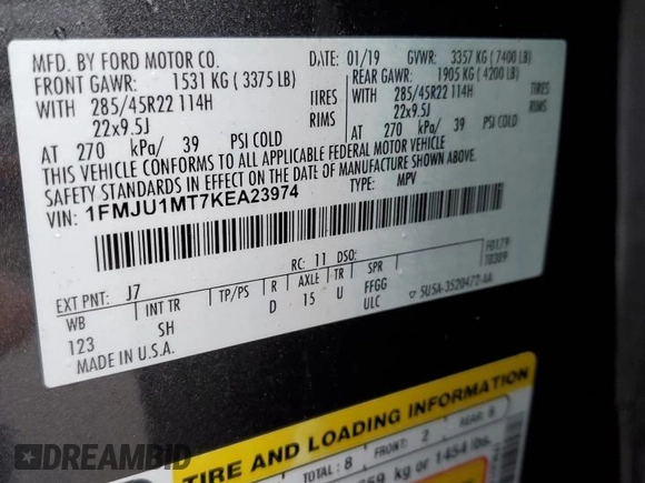 2019 Ford Expedition Platinum with VIN 1FMJU1MT7KEA23974, listed as a Copart auction lot 53355755 with 81,916 mi miles and Salvage title. Bid and sale history available at DreamBid. Image 14.
