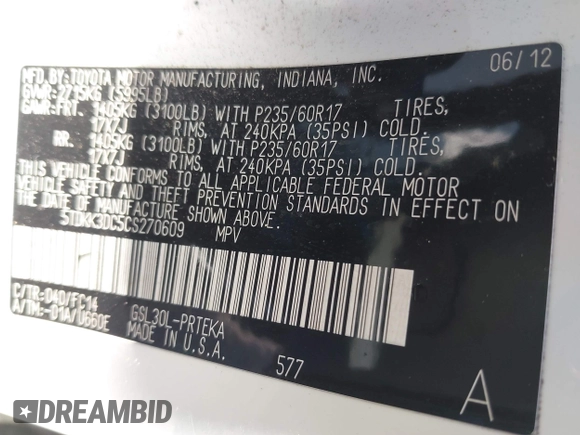 2012 Toyota Sienna LE AAS with VIN 5TDKK3DC5CS270609, listed as a IAAI auction lot 42602189 with 412,612 mi miles and . Bid and sale history available at DreamBid. Image 9.