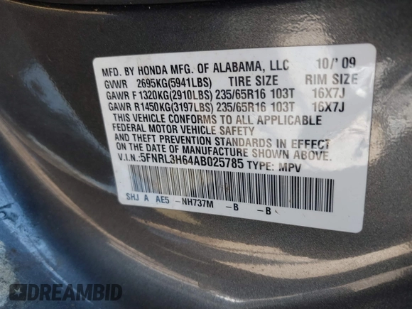 2010 Honda Odyssey EX-L with VIN 5FNRL3H64AB025785, listed as a IAAI auction lot 41889078 with 199,714 mi miles. Bid and sale history available at carsss.com. Image 9.