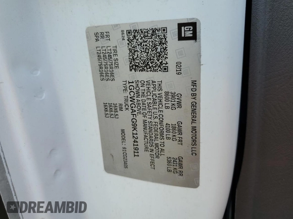 2019 Chevrolet Express Cargo Van with VIN 1GCWGAFG9K1241911, listed as a Copart auction lot 81139944 with 67,880 mi miles and Non Repairable. Bid and sale history available at carsss.com. Image 14.