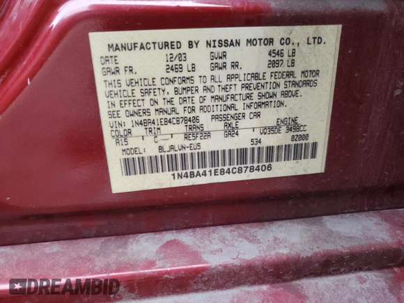 2004 Nissan Maxima SE with VIN 1N4BA41E84C878406, listed as a Copart auction lot 78540124 with 166,655 mi miles and Clean Title. Bid and sale history available at carsss.com. Image 12.