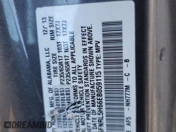 2014 Honda Odyssey EX-L with VIN 5FNRL5H66EB059115, listed as a Copart auction lot 81055334 with 173,410 mi miles and Salvage Title. Bid and sale history available at DreamBid. Image 13.