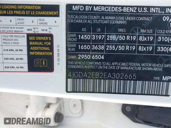 2014 Mercedes-Benz M 350 with VIN 4JGDA2EB2EA302665, listed as a IAAI auction lot 41539372 with 109,287 mi miles and . Bid and sale history available at DreamBid. Image 9.