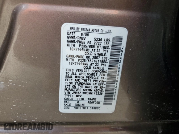 2009 Nissan Murano LE with VIN JN8AZ18W09W143229, listed as a Copart auction lot 69044614 with 193,060 mi miles and Salvage Title. Bid and sale history available at carsss.com. Image 13.