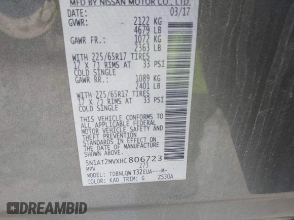 2017 Nissan Rogue SL z VIN 5N1AT2MVXHC806723, wystawiony jako IAAI lot #42331531 z przebiegiem 103 565 mil mil oraz . Historia ofert i sprzedaży dostępna na DreamBid. Obrazek 9.