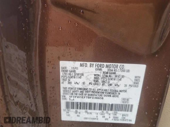 2011 Ford F-150 XL with VIN 1FTFW1EF7BFD36658, listed as a Copart auction lot 48897475 with 213,565 mi miles and Clean Title. Bid and sale history available at carsss.com. Image 14.