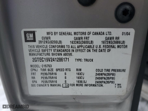 2004 GMC Sierra 1500 SLE with VIN 2GTEC19V241286171, listed as a Copart auction lot 45739455 with 0 mi miles and Salvage Title. Bid and sale history available at carsss.com. Image 13.