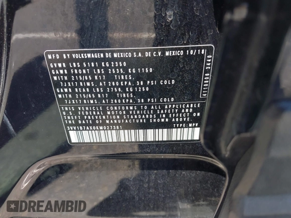 2019 Volkswagen Tiguan S с VIN 3VV1B7AX0KM027381, выставлен на аукционе IAAI как лот 42332275 с пробегом 48 632 миль миль и . История ставок и продаж доступна на DreamBid. Изображение 9.
