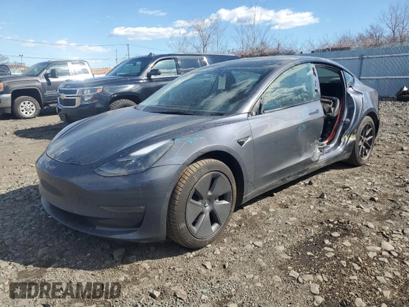 2022 Tesla Model 3 Long Range with VIN 5YJ3E1EB7NF257549, listed as a Copart auction lot 46980555 with 68,955 mi miles and Salvage Title. Bid and sale history available at DreamBid. Image 1.