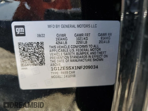 2022 Chevrolet Malibu Premier with VIN 1G1ZE5SX1NF209034, listed as a Copart auction lot 78786664 with 38,640 mi miles and Salvage Title. Bid and sale history available at DreamBid. Image 12.